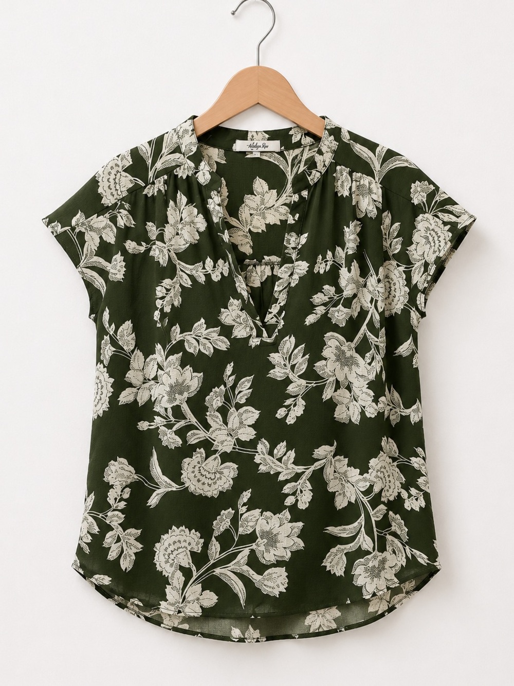 Addison Olive Green With White Floral Print Split V-Neck Cap Sleeve Blouse NWOT